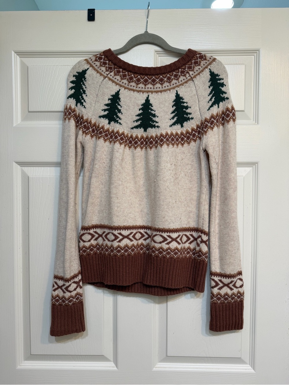 Kiel James Patrick Cream Sweater with Brown Trim & Green Tree Motif